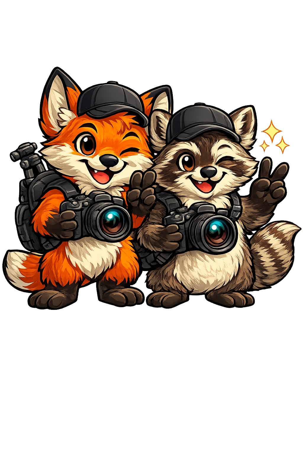 a fox and a raccoon characters as photographers